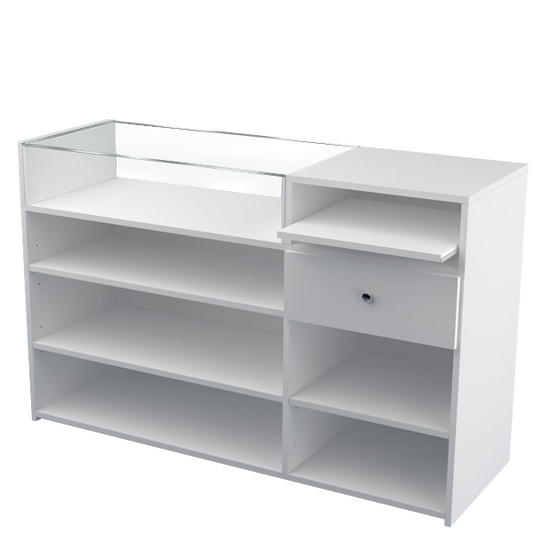 Mostrador blanco con vitrina de cristal templado, bandeja extraíble, cajón y frontal iluminado con LED. Ideal para tiendas y comercios