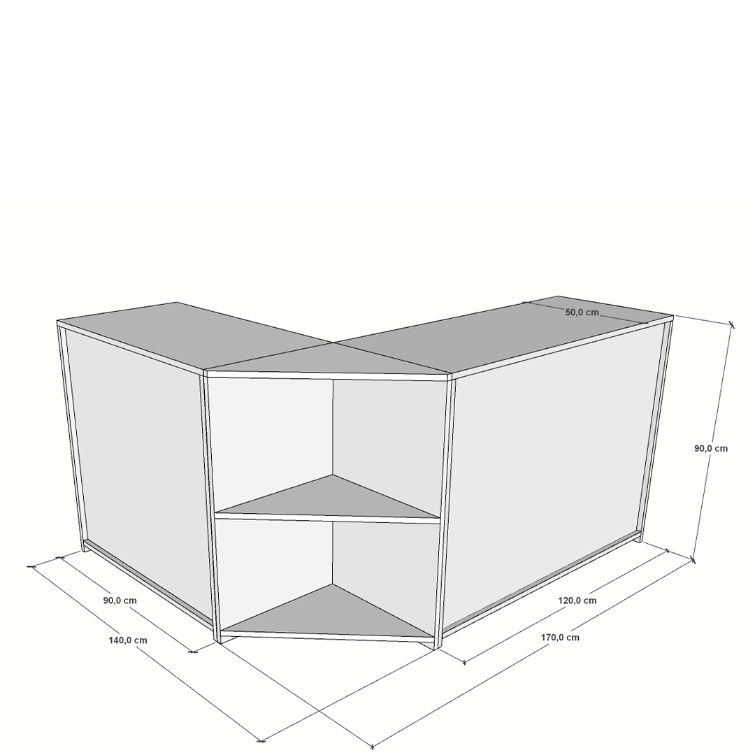 Mostrador esquinero en L de madera blanca con almacenaje y diseño funcional para espacios comerciales.