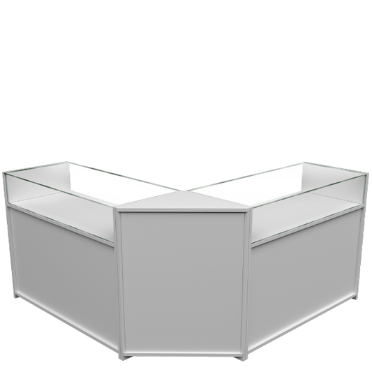 Mostrador esquinero en L con vitrinas de cristal templado y estantes regulables, ideal para tiendas y comercios.