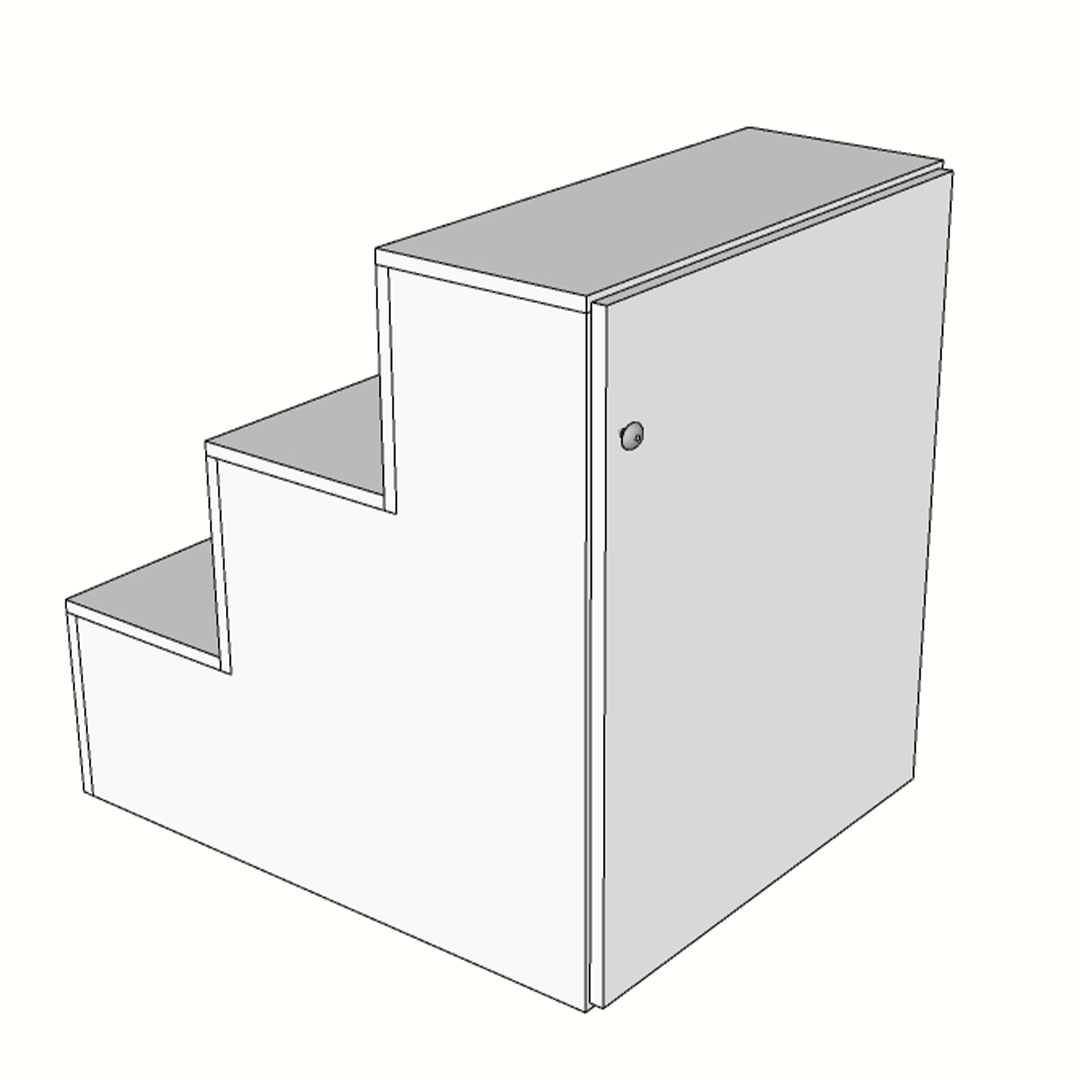 Escaparate escalonado de melamina con puerta trasera de almacenaje, fabricado a medida. Mobiliario comercial funcional y compacto, ideal para exponer productos en distintos niveles y guardar stock o materiales en su interior.