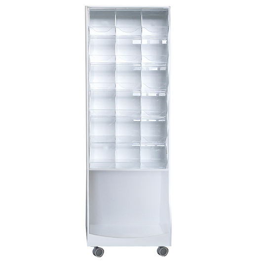 Mueble expositor con carameleras de metacrilato, almacenaje inferior y ruedas. Fabricado a medida en melamina, ideal para tiendas de golosinas. Diseño práctico, móvil y organizado para autoservicio y reposición rápida.