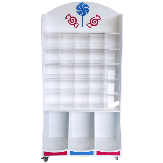 Mueble expositor para golosinas con carameleras de metacrilato y ruedas, ideal para tiendas y eventos.