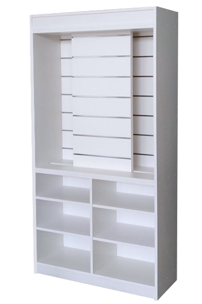 Mueble expositor para mercería con paneles de lamas deslizantes y estantes inferiores. Ideal para tiendas y negocios