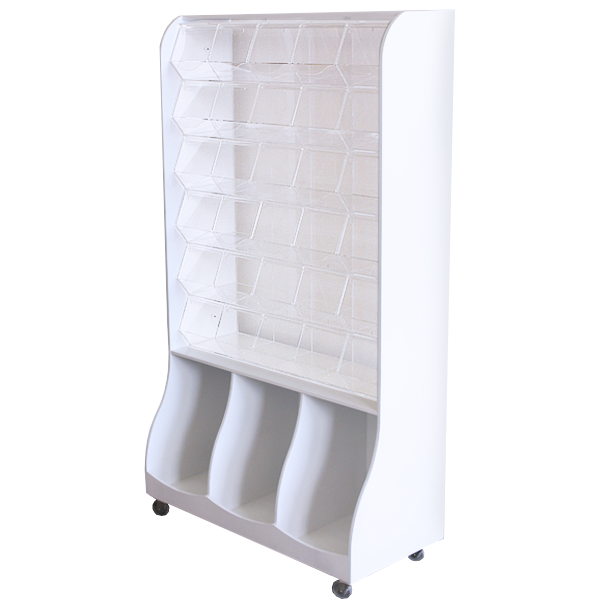 Vitrina expositora para golosinas con compartimentos de metacrilato y base de almacenamiento.