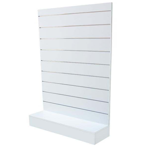 Mueble expositor con panel de lamas en melamina blanca, ideal para comercios.