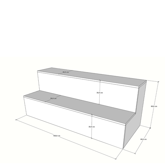 Mueble para escaparate con 2 escalones, fabricado en melamina blanca, ideal para exhibición en tiendas y comercios.