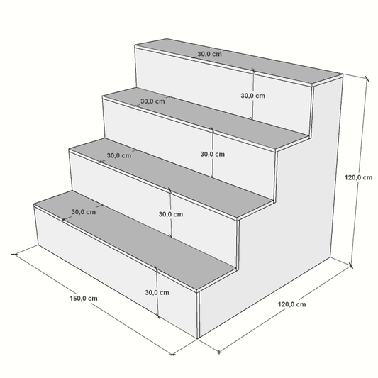 Escaparate escalonado fabricado a medida en melamina, ideal para tiendas y comercios. Diseño en niveles que permite una exposición ordenada y llamativa de productos, destacando artículos promocionales o de temporada.
