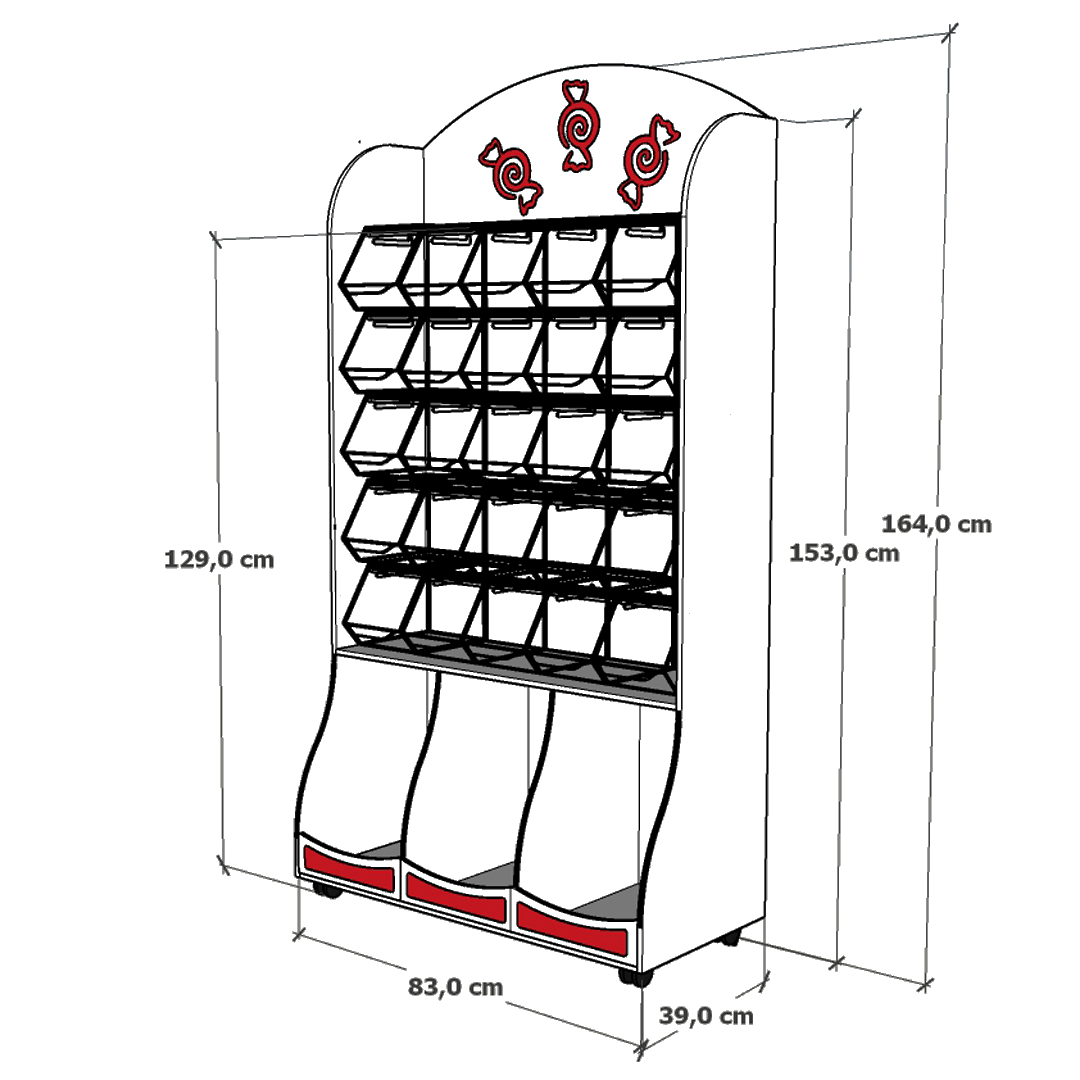 Expositor para golosinas con 25 carameleras de metacrilato y ruedas, ideal para tiendas y eventos.