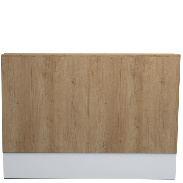 Mostrador de recepción moderno en melamina color madera y base blanca, ideal para oficinas y tiendas.