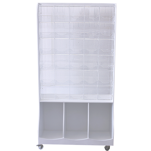 Mueble expositor para golosinas con 30 carameleras de metacrilato y almacenamiento inferior.