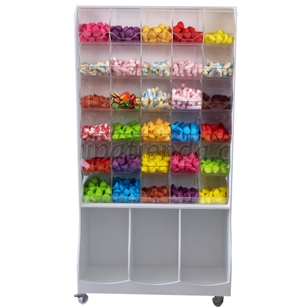 Mueble expositor para golosinas con 30 carameleras de metacrilato y almacenamiento inferior.