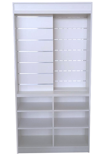 Mueble expositor para mercería con paneles de lamas deslizantes y estantes inferiores.