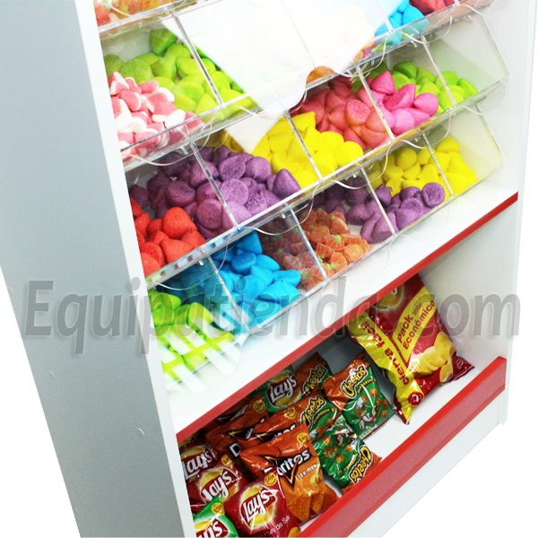 Mueble expositor blanco con 30 carameleras transparentes y compartimiento inferior para snacks.
