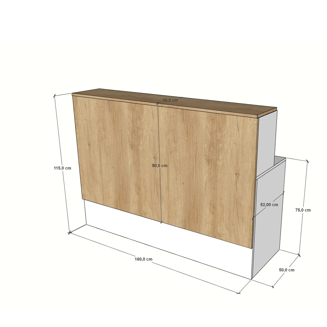 Mostrador de recepción con almacenamiento, fabricado en melamina blanca y madera, ideal para oficinas, tiendas y áreas de atención al cliente.