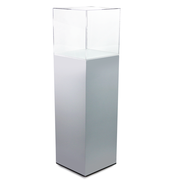 Pedestal con vitrina de metacrilato, ideal para exhibiciones en tiendas, museos y galerías. Diseño elegante y personalizable.