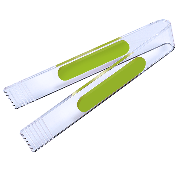 Pinza de metacrilato transparente con agarres de color, ideal para golosinas y productos a granel.