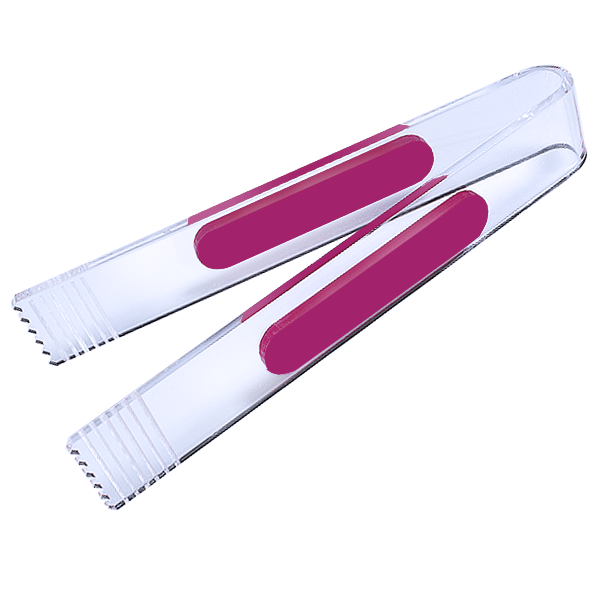 Pinza de metacrilato transparente con detalles de color, ideal para golosinas y productos a granel.