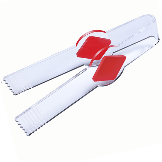 Pinza de metacrilato transparente con detalles de color, ideal para golosinas y productos a granel.