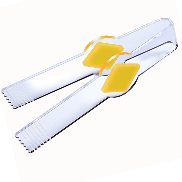 Pinza de metacrilato transparente con detalles de color, ideal para golosinas y productos a granel.