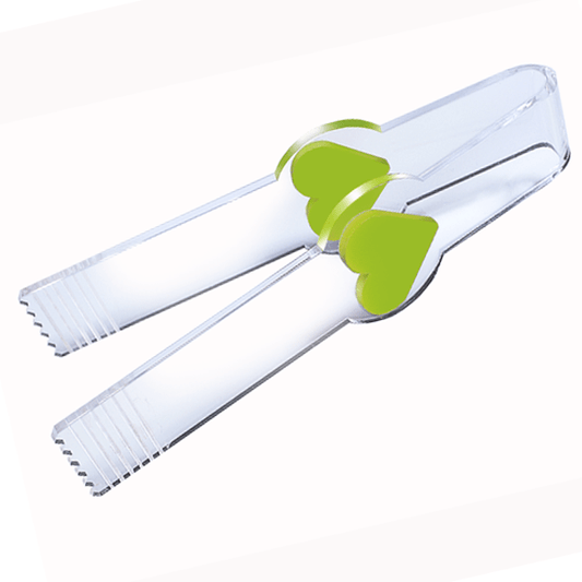 Pinza de metacrilato transparente con detalles en color, ideal para manipular golosinas y productos a granel.