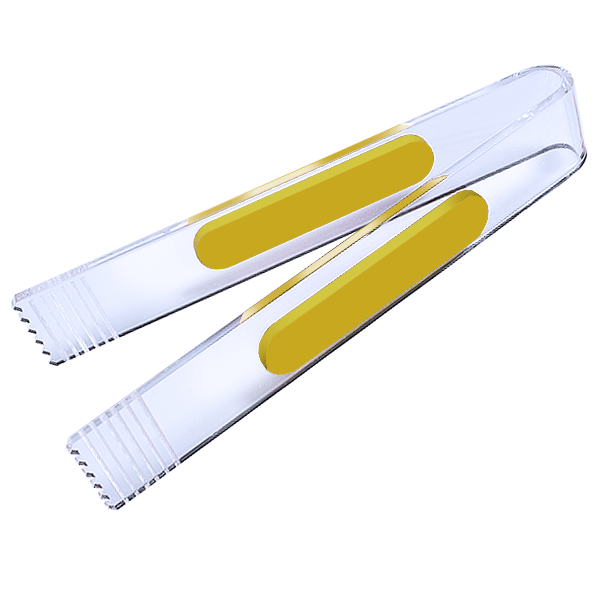 Pinza de metacrilato transparente con agarres de color, ideal para golosinas y productos a granel.