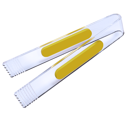 Pinza de metacrilato transparente con agarres de color, ideal para golosinas y productos a granel.