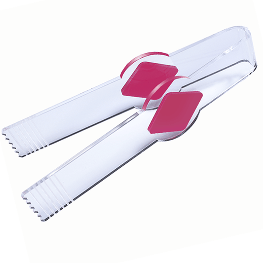 Pinza de metacrilato transparente con detalles de color, ideal para golosinas y productos a granel.