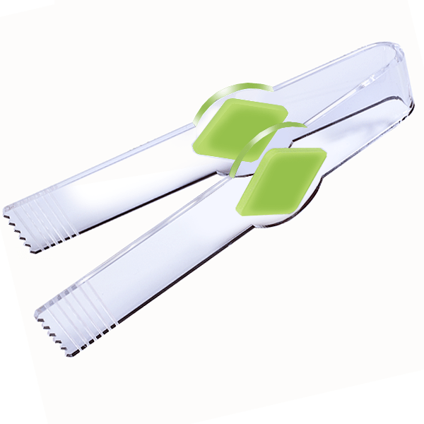 Pinza de metacrilato transparente con detalles de color, ideal para golosinas y productos a granel.