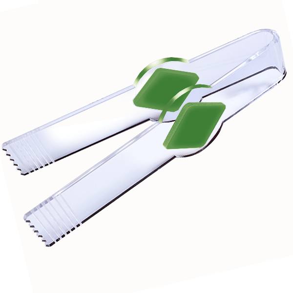 Pinza de metacrilato transparente con detalles de color, ideal para golosinas y productos a granel.