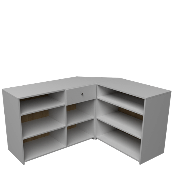 Mostrador esquinero de melamina para recepción, con cajón y estantes regulables. Diseño compacto y funcional, ideal para optimizar el espacio en oficinas, centros de atención y puntos de bienvenida. Fabricado a medida.