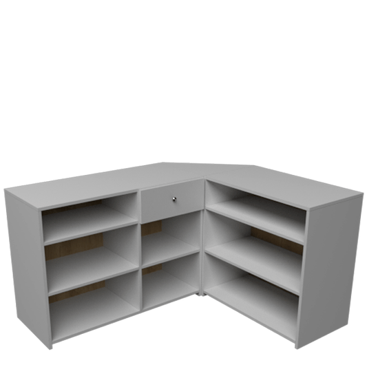 Mostrador esquinero de melamina para recepción, con cajón y estantes regulables. Diseño compacto y funcional, ideal para optimizar el espacio en oficinas, centros de atención y puntos de bienvenida. Fabricado a medida.