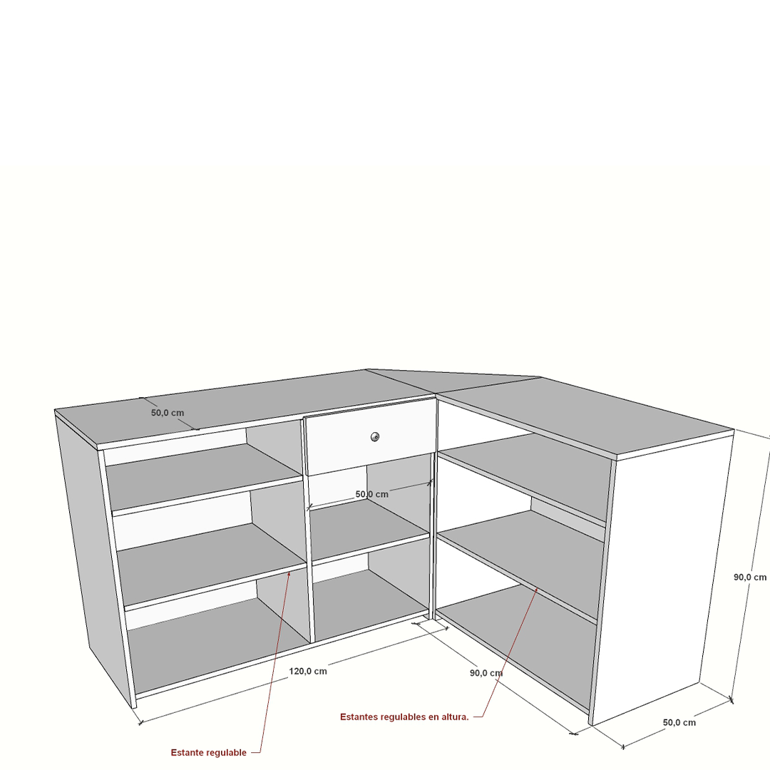 Mostrador esquinero de melamina para recepción, con cajón y estantes regulables. Diseño compacto y funcional, ideal para optimizar el espacio en oficinas, centros de atención y puntos de bienvenida. Fabricado a medida.