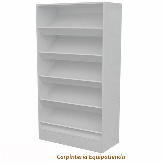 Revistero mural blanco con estantes inclinados para exhibición frontal de revistas. Ideal para papelerías o distintos espacios comerciales.