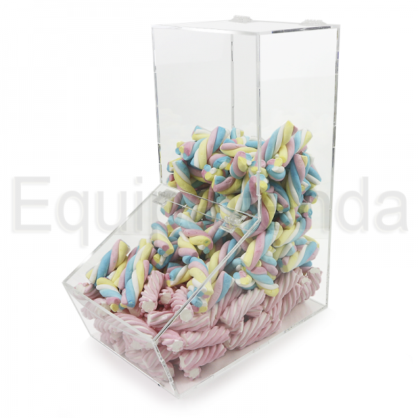 Tolva grande de metacrilato transparente con tapa, ideal para la exhibición y autoservicio de golosinas y productos a granel.