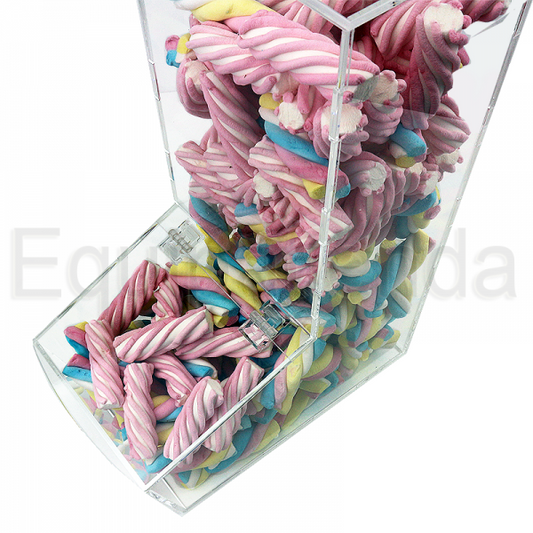 Tolva pequeña de metacrilato transparente con tapa, ideal para la exhibición y autoservicio de golosinas y productos a granel.