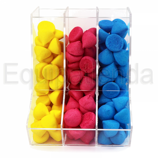 Tolva de metacrilato transparente con divisiones, ideal para exposición y autoservicio de golosinas. Diseño higiénico y resistente, perfecta para tiendas de chuches, kioscos y mobiliario comercial a medida.