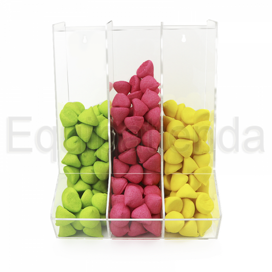 Tolva grande de metacrilato transparente con 3 compartimentos, ideal para la exhibición y autoservicio de golosinas y productos a granel.