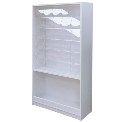 Mueble con carameleras de 85x30x160cm, fabricado a medida en melamina, con carameleras de metacrilato integradas. Ideal para tiendas de golosinas.