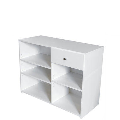 Mostrador de 120x50x90cm con paneles decorativos de colores personalizables, estantes regulables y cajón. Ideal para tiendas y oficinas.