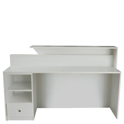 Mostrador de recepción de 150x60x110cm, en melamina, con cajón y estantes regulables. Fabricado a medida.