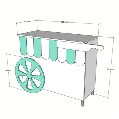 Mostrador carrito de 113x50x95cm, con ruedas, fabricado a medida en melamina. Ideal para ferias y eventos.
