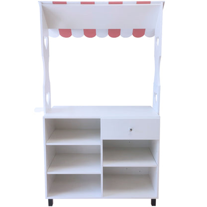 Mostrador carrito alto de 113x50x195cm, con ruedas y marquesina, fabricado a medida en melamina. Ideal para ferias y eventos.