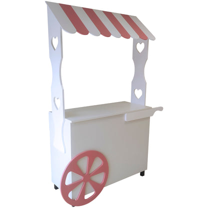 Mostrador carrito alto de 113x50x195cm, con ruedas y marquesina, fabricado a medida en melamina. Ideal para ferias y eventos.