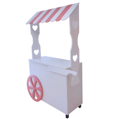 Mostrador carrito alto de 113x50x195cm, con ruedas y marquesina, fabricado a medida en melamina. Ideal para ferias y eventos.