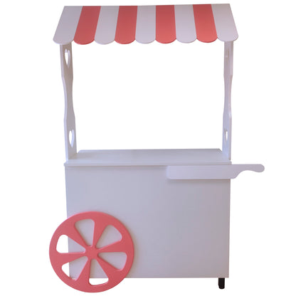 Mostrador carrito alto de 113x50x195cm, con ruedas y marquesina, fabricado a medida en melamina. Ideal para ferias y eventos.