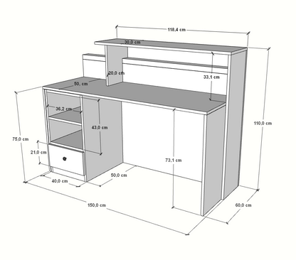 Mostrador de recepción de 150x60x110cm, en melamina, con cajón y estantes regulables. Fabricado a medida.