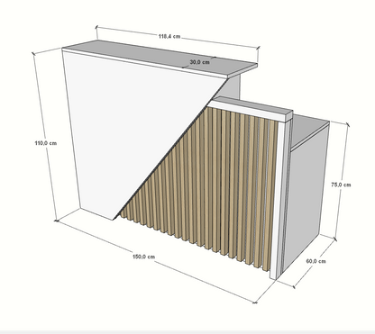 Mostrador de recepción de 150x60x110cm, en melamina, con cajón y estantes regulables. Fabricado a medida.