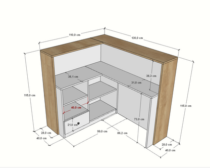 Mostrador de recepción en L de 130x110x40cm, altura 75/115cm, en melamina. Fabricado a medida para tiendas y oficinas.