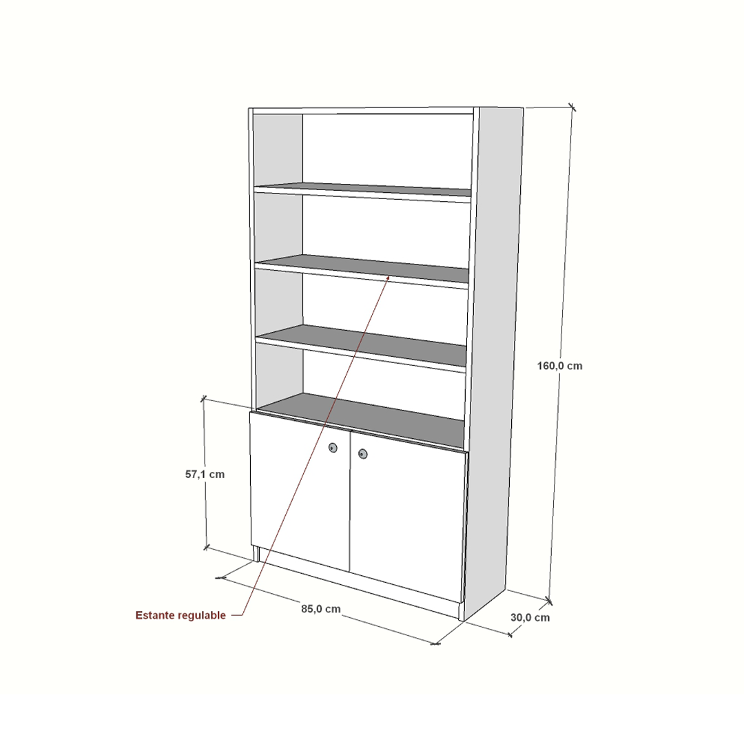 Estantería con puertas y estantes regulables, fabricados en melamina blanca, ideal para comercios, oficinas y tiendas.