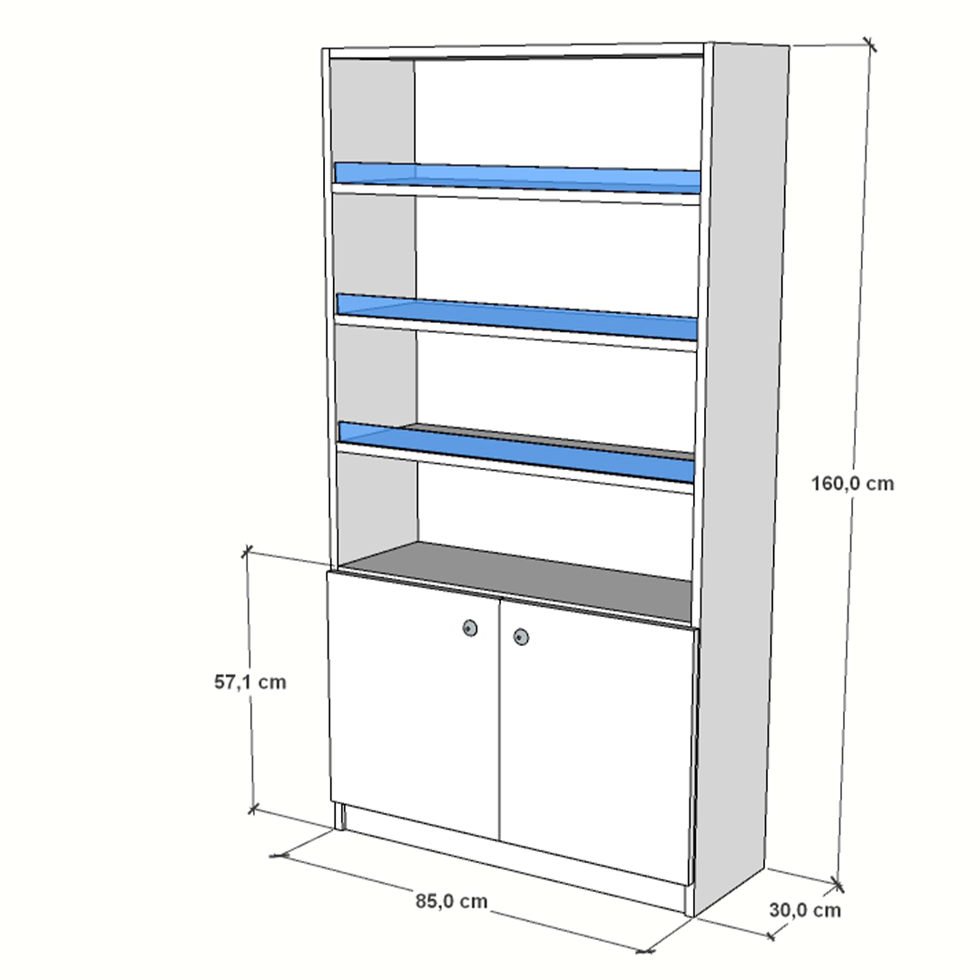 Estantería comercial compacta de melamina blanca con puerta inferior y estantes regulables para almacenamiento en oficinas y tiendas.